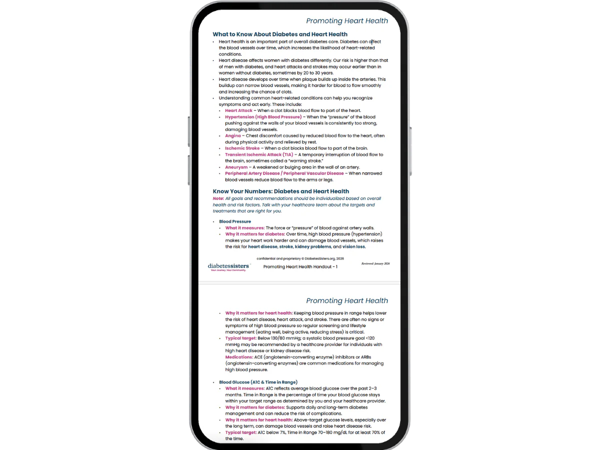 A smartphone displays a document titled Promoting Heart Health, featuring sections on how to prevent heart disease in diabetes, plus guidance on blood sugar, pulse, blood pressure, and practical tips for managing these vital health factors.