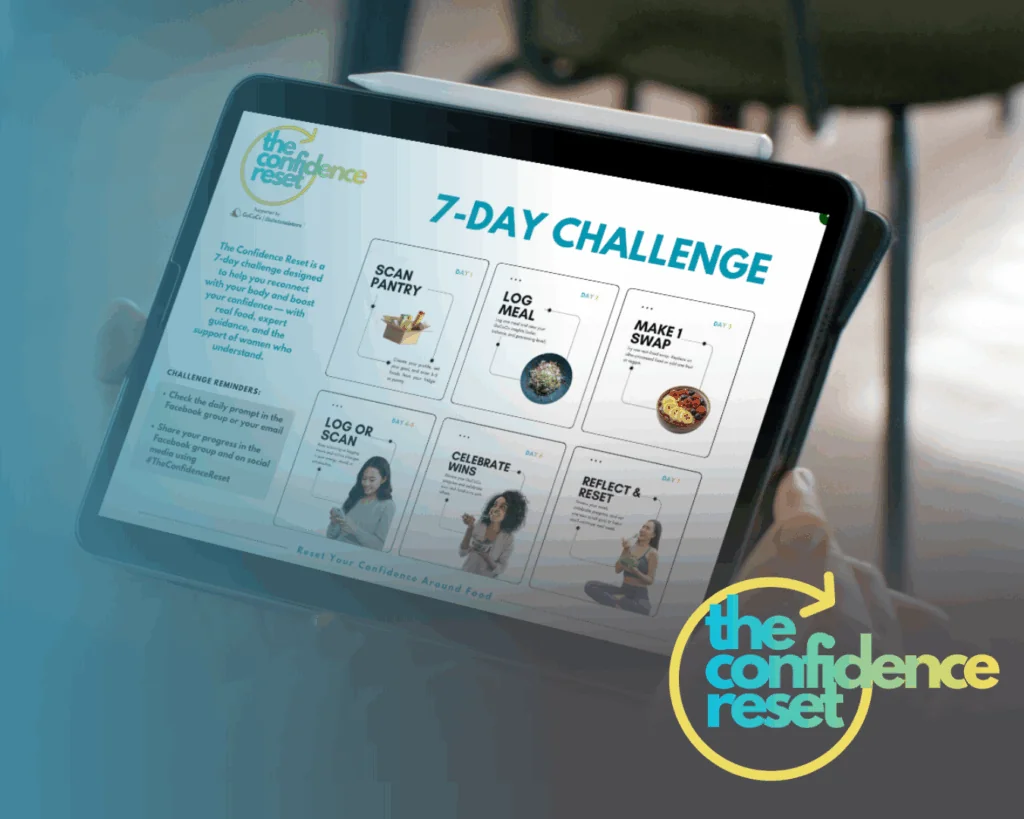 A person holds a tablet displaying The Confidence Reset 7-Day Challenge with daily tasks like scanning the pantry, logging meals, making swaps, tracking habits, celebrating wins, and reflecting. The Confidence Reset logo is visible.