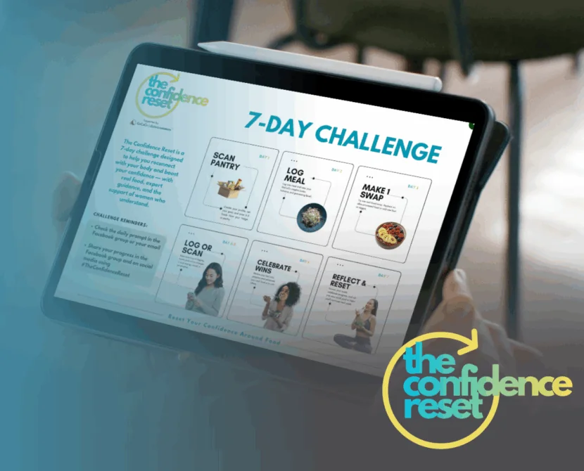 A person holds a tablet displaying The Confidence Reset 7-Day Challenge with daily tasks like scanning the pantry, logging meals, making swaps, tracking habits, celebrating wins, and reflecting. The Confidence Reset logo is visible.