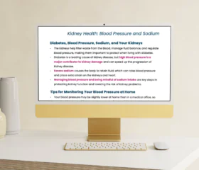 A gold and white desktop computer displays an article titled Kidney Health: Blood Pressure, Sodium, and Meals with diabetes tips. The computer sits on a white desk with a keyboard, mouse, and two vases in the background.