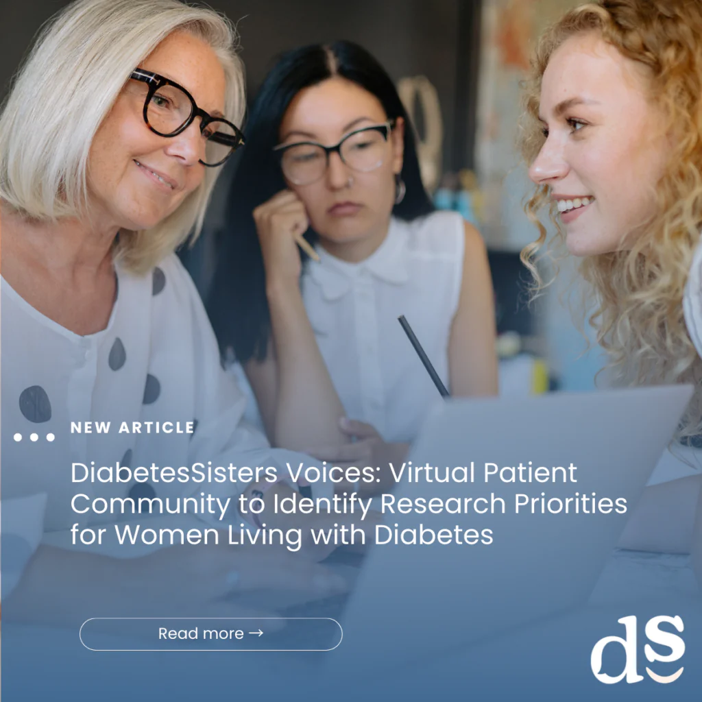 Three women sit together at a table, smiling and talking, with a laptop open in front of them. The image promotes a new article about diabetes peer support and building a virtual patient community for women with diabetes.