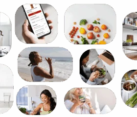 A collage of images shows people cooking, eating healthy meals, jogging on the beach, using health apps, consulting with a nutritionist, and a laptop displaying a 7-day challenge program. Fresh fruits and vegetables are also pictured.