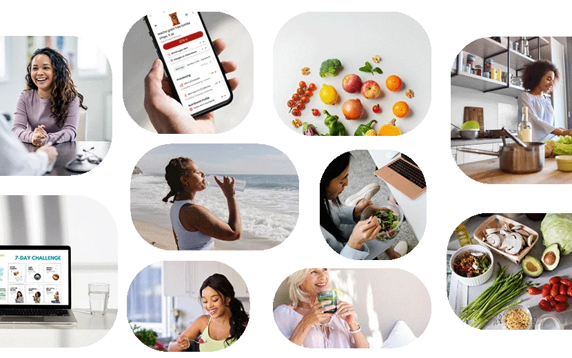 A collage of images shows people cooking, eating healthy meals, jogging on the beach, using health apps, consulting with a nutritionist, and a laptop displaying a 7-day challenge program. Fresh fruits and vegetables are also pictured.