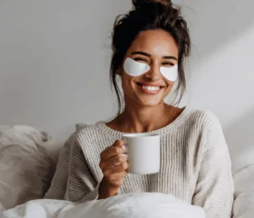 A woman with under-eye patches and a cozy sweater sits on a bed, smiling and holding a white mug. Soft light from a window fills the room, evoking the inviting mood of an expert-series-webinar-value-of-peer-support-and-diabetes-education.