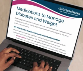 A person types on a laptop displaying an article titled Medications to Manage Diabetes and Weight on the DiabetesSisters website, featuring key principles for sustainable weight loss with diabetes and effective medication management.