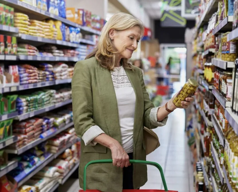 A woman in a green jacket holds a jar of pickles while shopping in a grocery store aisle, reading the label for her 7-day kidney health and diabetes guide. She has a red shopping basket and is surrounded by shelves filled with various food products.