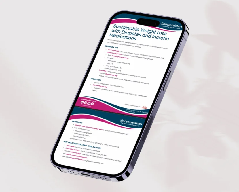 A smartphone displays a webpage titled Sustainable Weight Loss with Diabetes, featuring helpful instructions, tips, and colorful design elements on a light background for those seeking sustainable weight loss with diabetes.