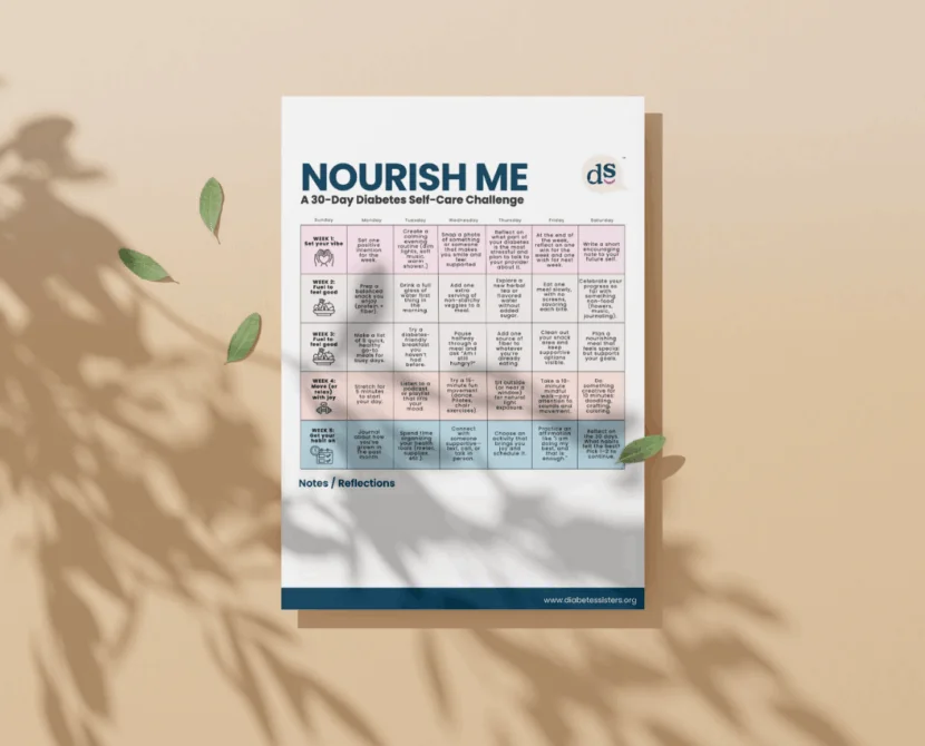 A Nourish Me: 30-Day Diabetes Self-Care Challenge calendar lies on a tan surface with leaf shadows. The chart lists daily wellness tasks in small boxes, with space for notes at the bottom.