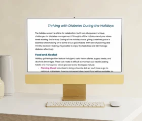 A computer monitor on a beige desk displays an article titled Thriving with Diabetes During the Holidays, offering tips and advice for managing diabetes during festive seasons. A keyboard and mouse are in front of the monitor.