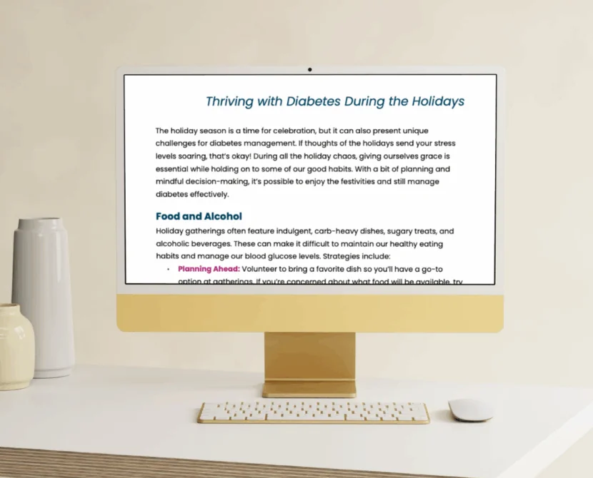 A computer monitor on a beige desk displays an article titled Thriving with Diabetes During the Holidays, offering tips and advice for managing diabetes during festive seasons. A keyboard and mouse are in front of the monitor.