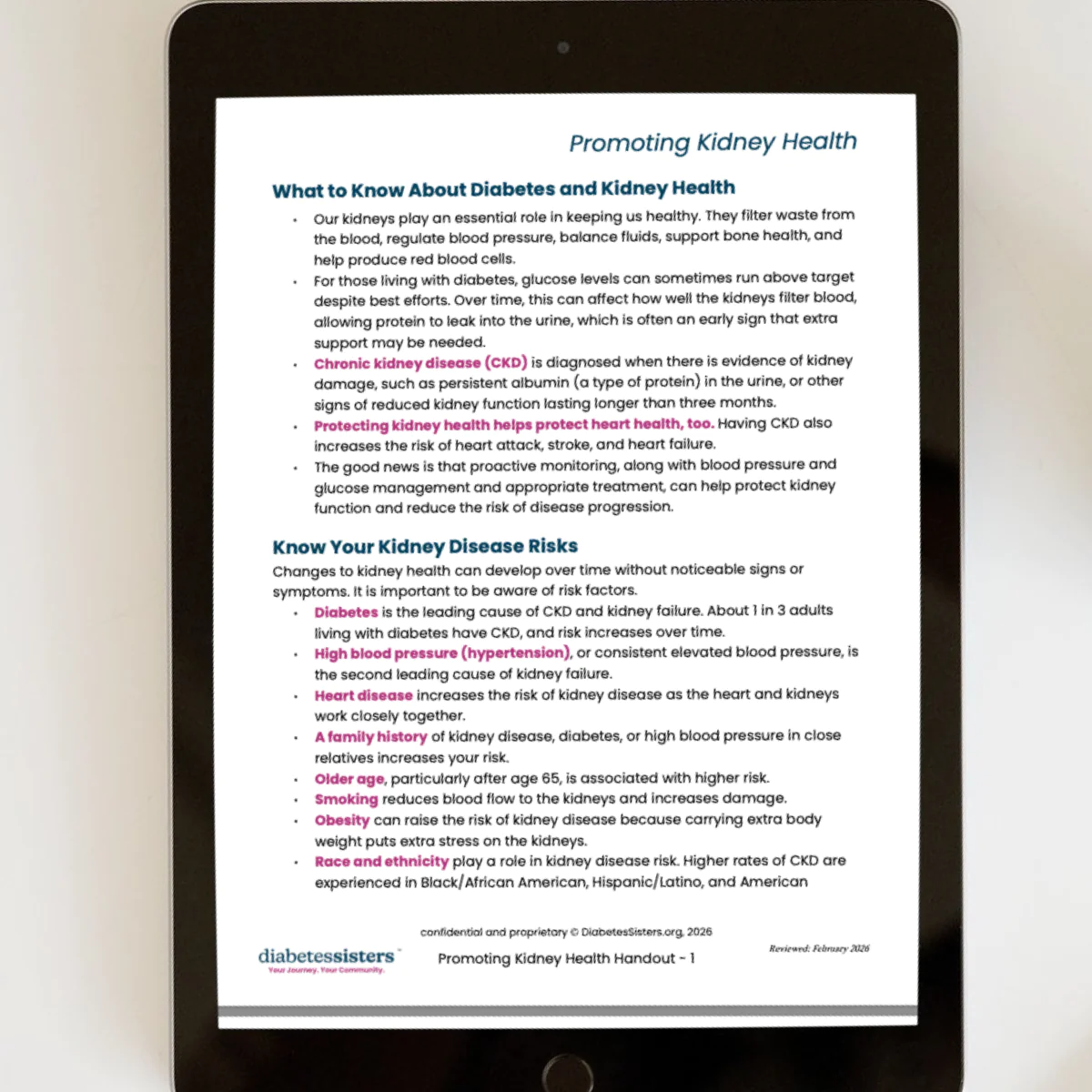 A tablet displays an informational handout titled Promoting Kidney Health, detailing facts about diabetes, kidney function, preventing kidney disease, risk factors, and tips for healthy kidneys.