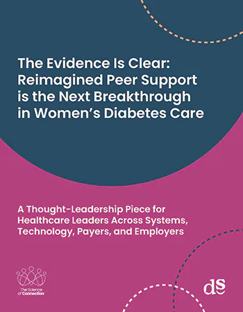 A report cover with the title The Evidence Is Clear: Reimagined Peer Support is the Next Breakthrough in Women’s Diabetes Care and a subtitle about healthcare leadership. The design features blue and purple shapes and dotted lines.