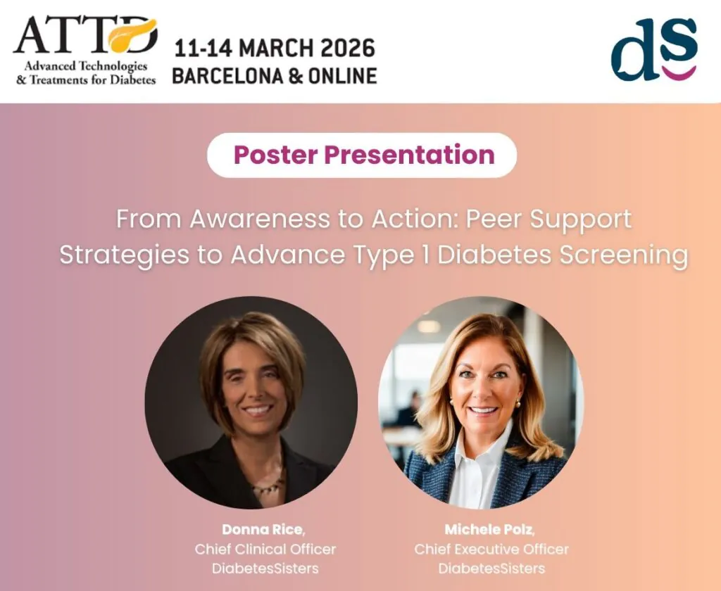 Event poster for the Advanced Technologies & Treatments for Diabetes conference, March 11-14, 2026, Barcelona & online. Features Donna Rice and Michele Polz of DiabetesSisters, with their photos and presentation details.