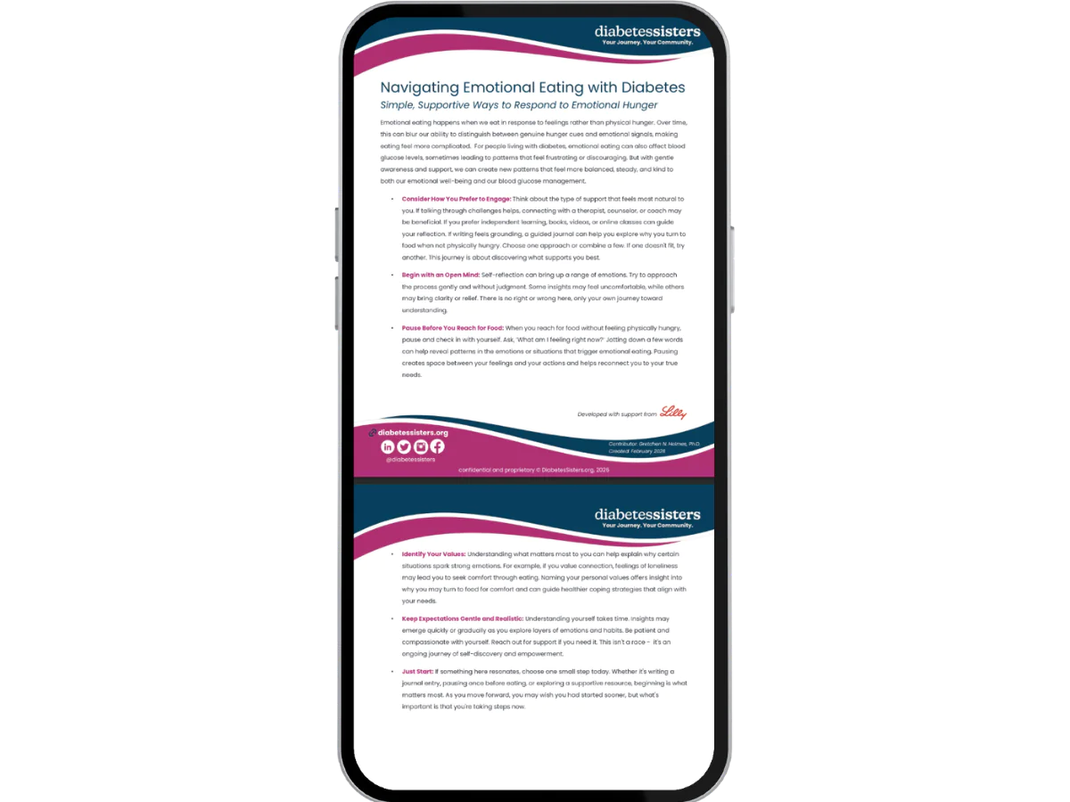 An infographic on a smartphone screen titled Navigating Emotional Eating with Diabetes by DiabetesSisters, offering tips and strategies to manage emotional hunger, healthy eating, and heart health for those living with diabetes. Blue, pink, and white colors used.